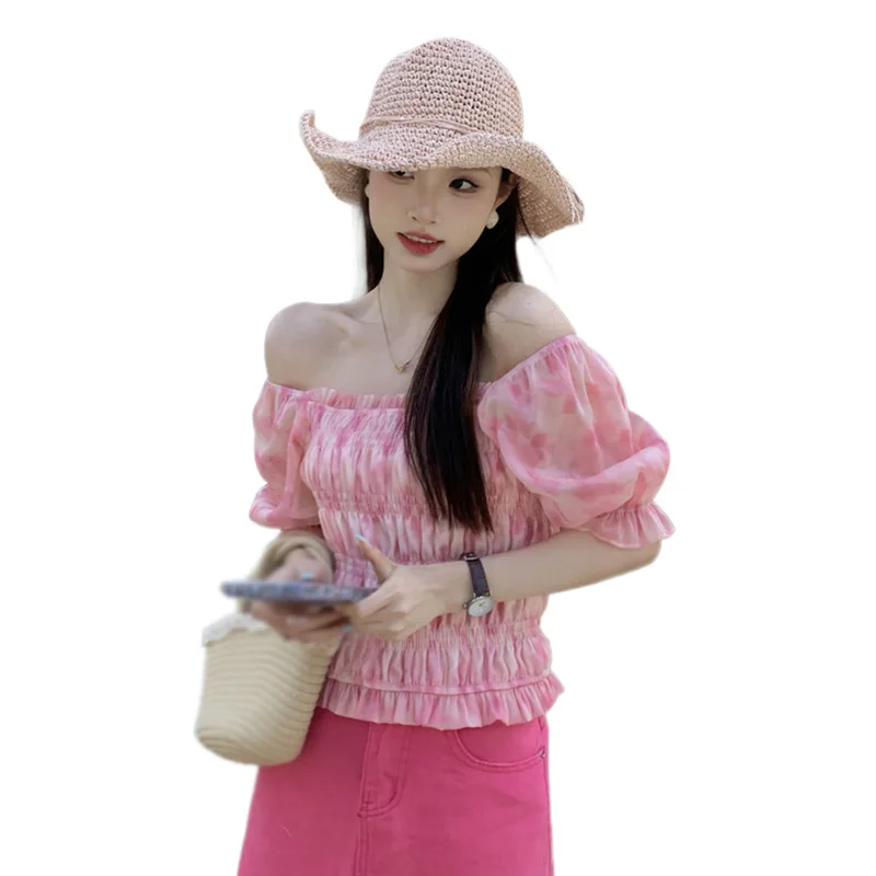 

Summer Women's Blouse Flower Print Slim Sweet Puff Short Sleeves Top