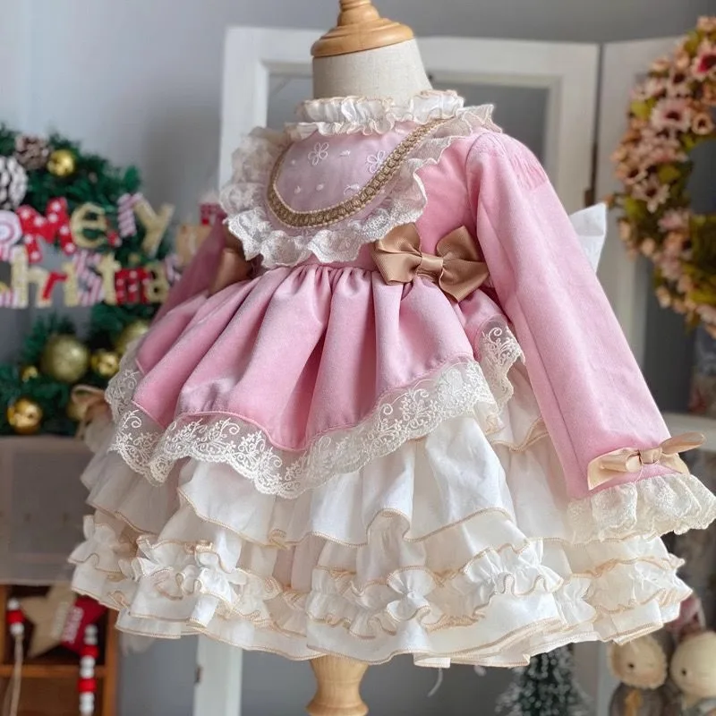 Robe de princesse Lolita pour filles, manches longues, gâteau poché, nœud papillon rose, évasion, anniversaire, enfants