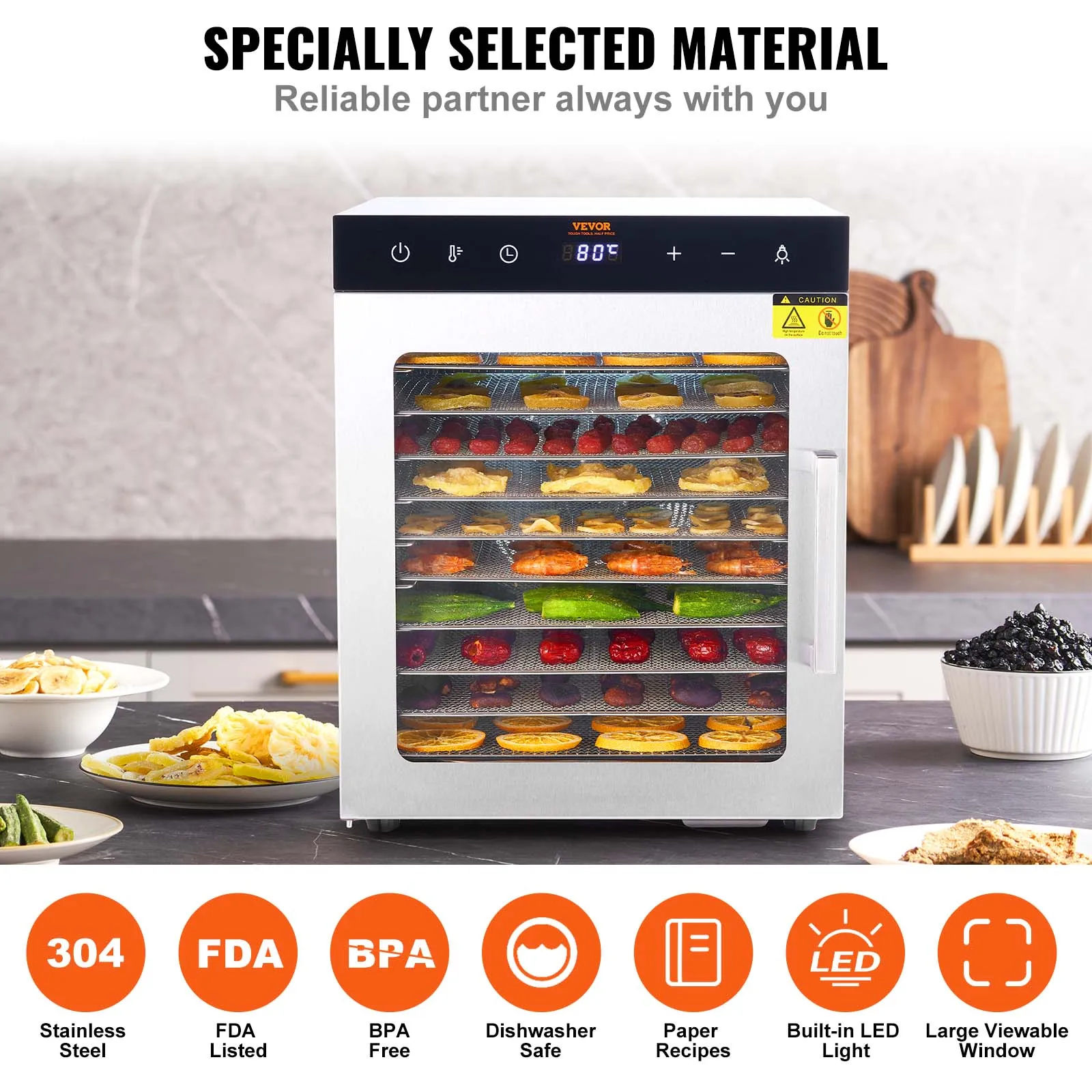 VEVOR Electric Food Dehydrator Machine, 800/1000W Electric Food Dryer, 10 Stainless Steel Trays, with Digital Adjustable Timer 5