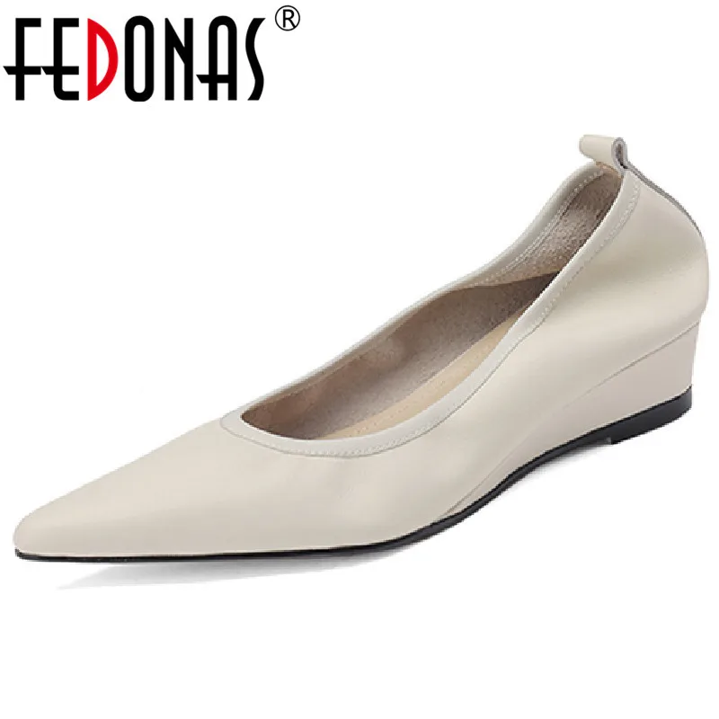 

FEDONAS 2023 Fashion Elegant Concise Women Pumps Spring Summer Party Office Pointed Toe Wedges Heels Genuine Leather Shoes Woman