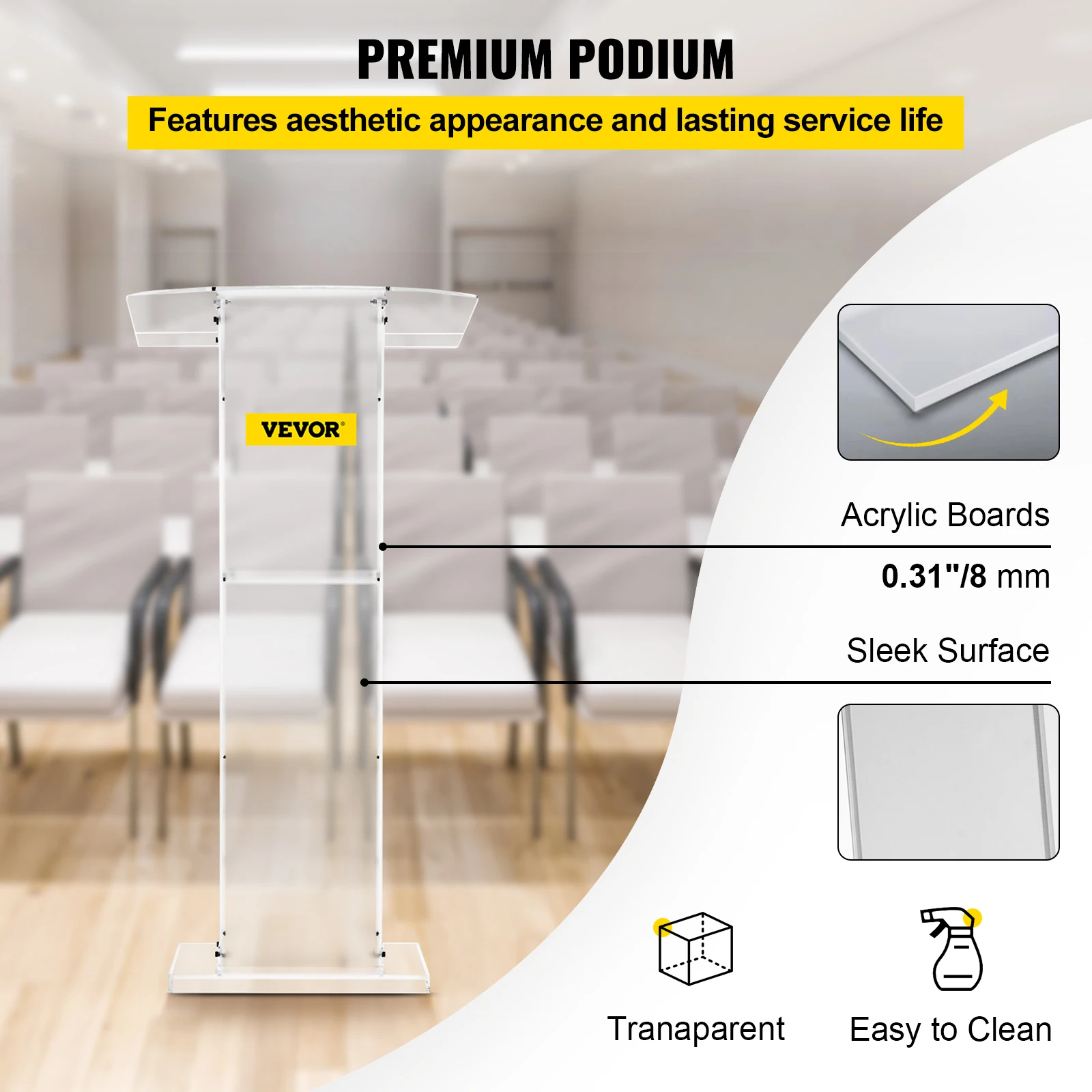 VEVOR Acrylic Podium 45in Tall Plexiglass Podium 47.5in School Table Acrylic Pulpits for Churches with 8 mm Thick Acrylic Board 3