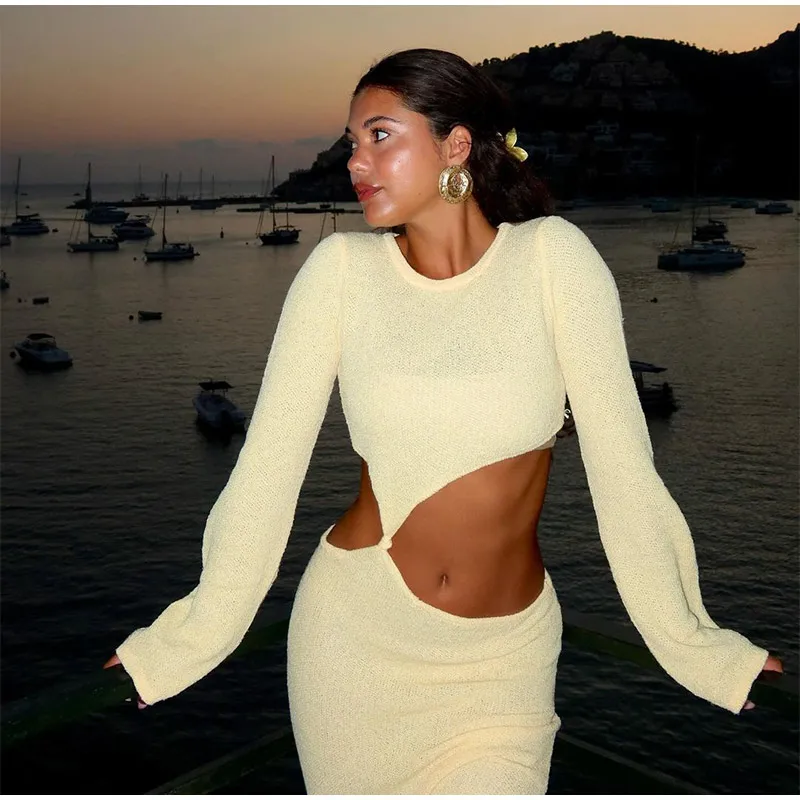 Sexy Knitted Hollow Out Long Dresses Women Casual Solid Slim Fit O-neck Slit Maxi Dress Sun Protection Female Summer Beach Party