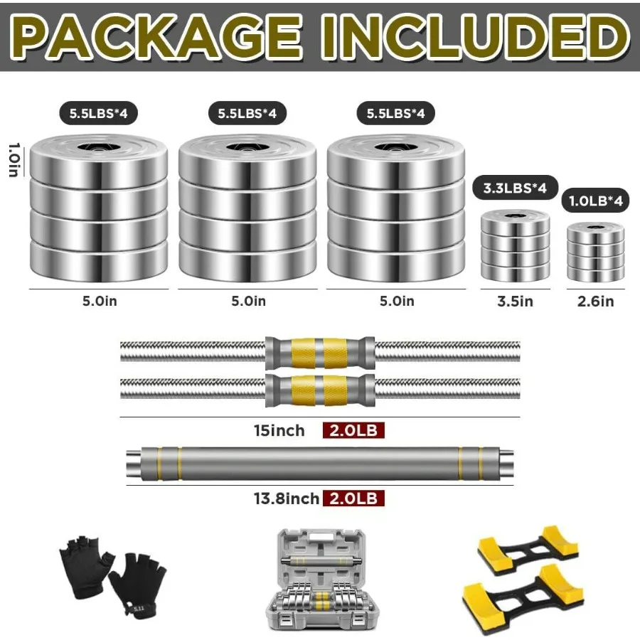 Adjustable Dumbbell Set -88 LBS weights set, Dumbbell Barbell 3 in 1, Steel Dumbbells Pair with Connecting Rod for Adults Women