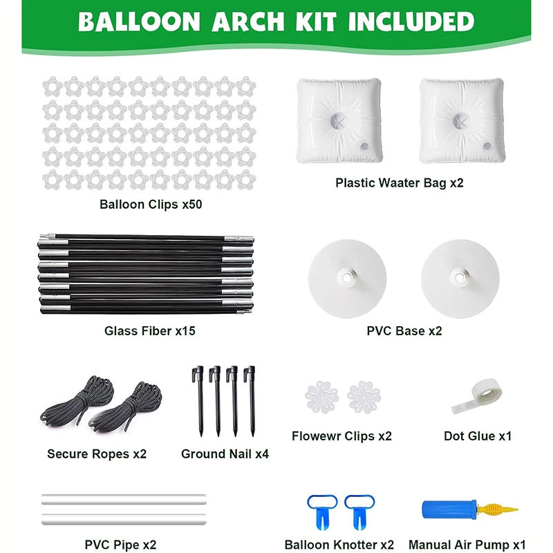 9Ft Tall 10Ft Wide Adjustable Plastic Balloon Column Stands Set with Water Fillable Bases and Water Bag 50 Balloon Clips