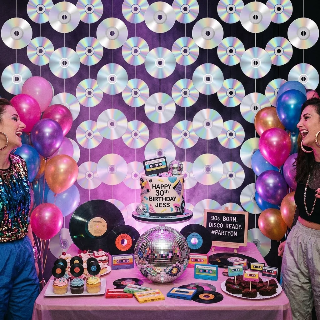 Disco Party Decorations Holographic CD Record Hanging Garland Backdrop 90s 2000s Retro Birthday Theme Streamer Wall Decor Prop