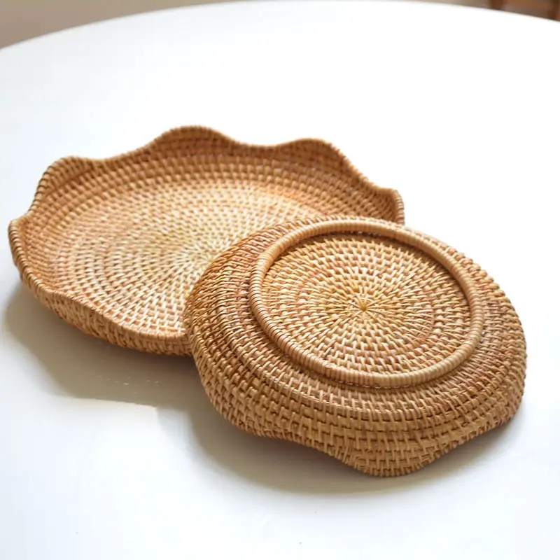 Handwoven Rattan Storage Basket Fruit Picnic Basket Cake Wicker Tray Food Bread Plate Snack Box Sundries Container Kitchen Decor 3