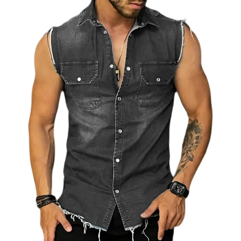 Casual Sle Button up Denim Vest Svel Faionable Summer Top for Young Men Trendy Polyester Fabric Multi kets Design