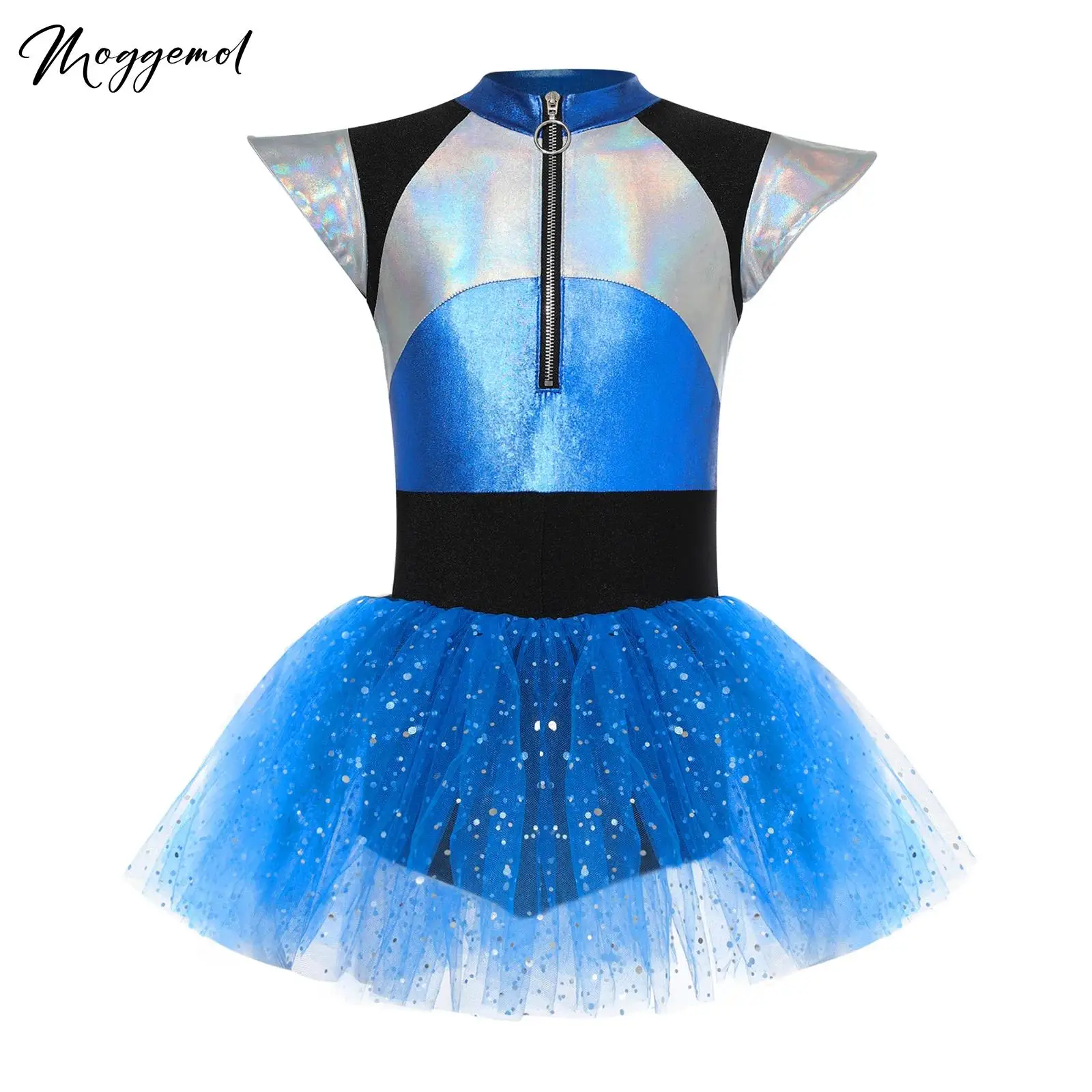 

Kids Girls Alien Cosplay Costume Cheerleading Dance Dress Short Sleeve Shiny Spangles Tutu Leotard Dresses for Halloween Party