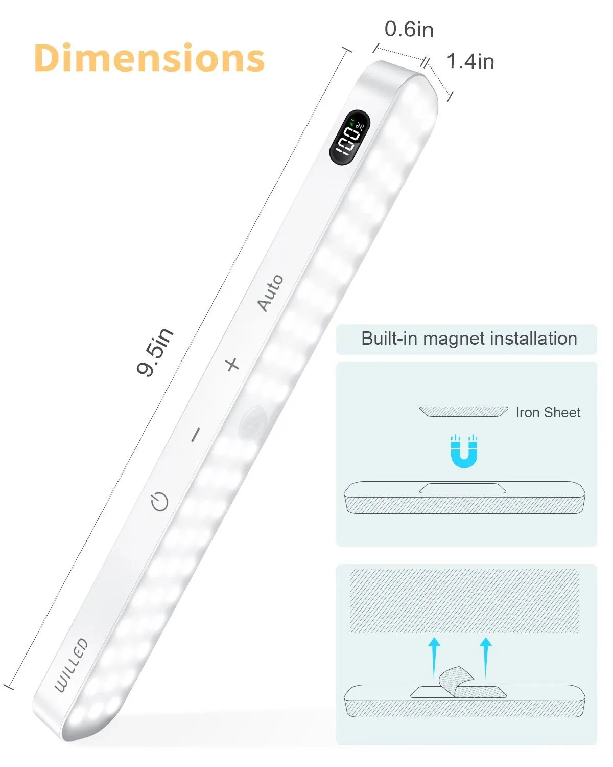 WILLED Motion Sensor Cabinet Light Battery Display 60 LED Touch Light Bar Wireless Rechargeable Battery Night Light 5
