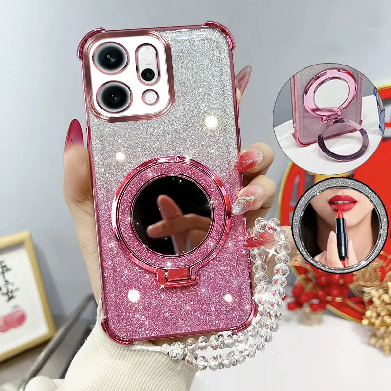 Glitter Shockproof Phone Case with Mirror Stand and Beaded Strap