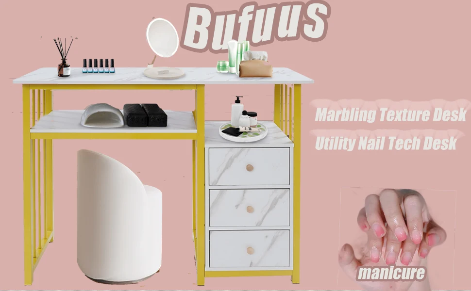 Manikürtisch mit 3 Schubladen und Marmoroptik, Maniküre-Schreibtisch mit schwarzen Fußpolstern für Wohnzimmer und kommerzielle Nagelstudios (Gold Weiß) – Detail 1