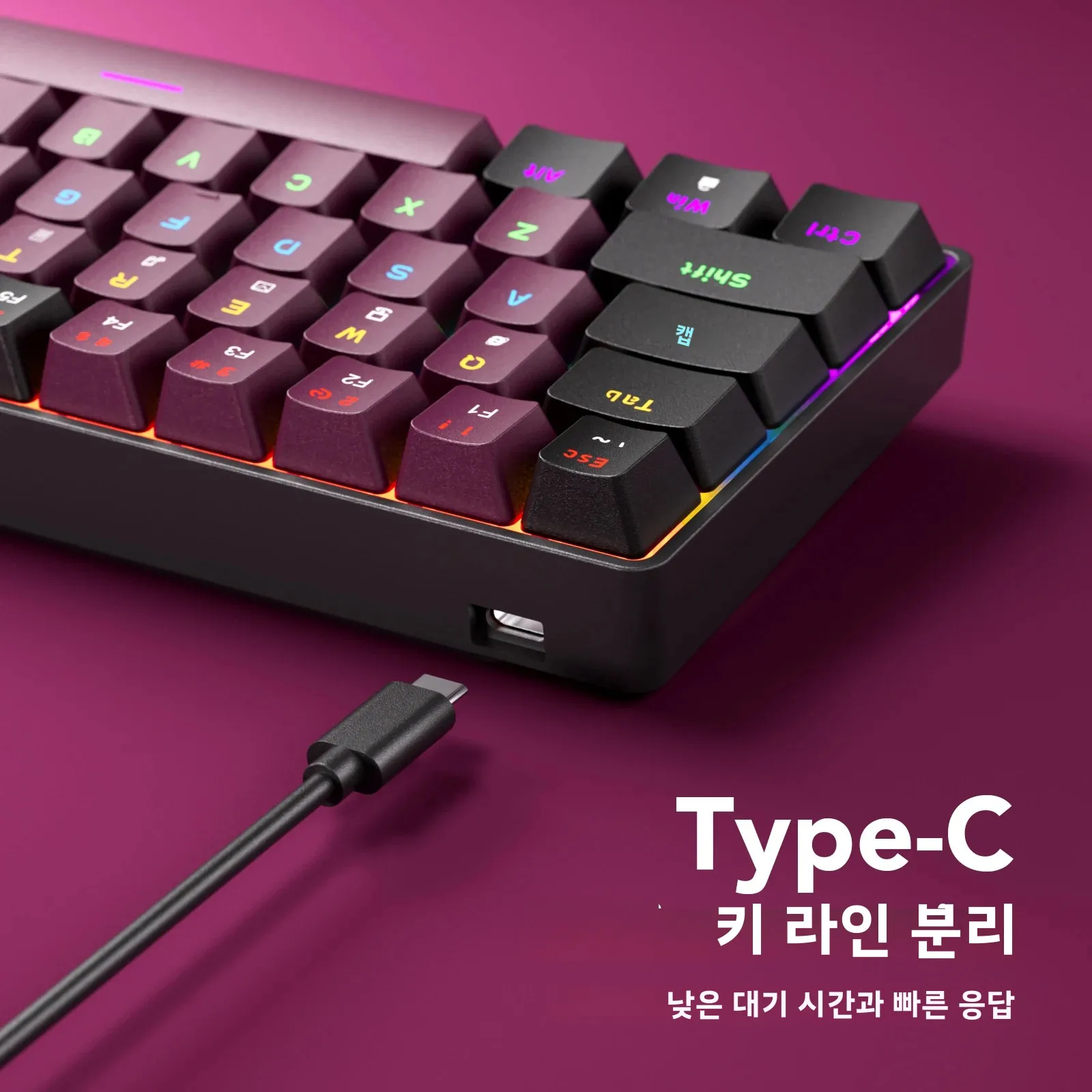 컴팩트 유선 게이밍 기계식 키보드 68키 핫스왑 가능 65% 레이아웃 LED 백라이트 OEM 키캡 PC 지원