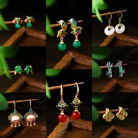 New Chinese Fashion Natural Jade Pendant Stud Earrings for Women Retro Design Small Luxury Jewelry Painted Enamel Elegant Gifts 1