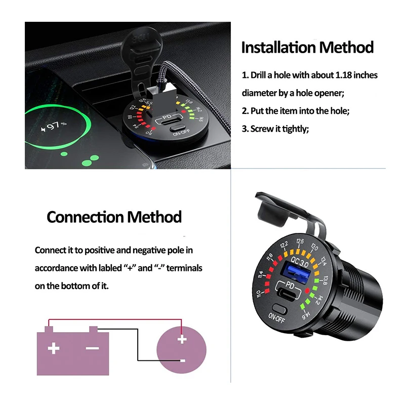 36W Dual USB Fast Charge Car Charger with LED Voltmeter and ON/OFF Switch