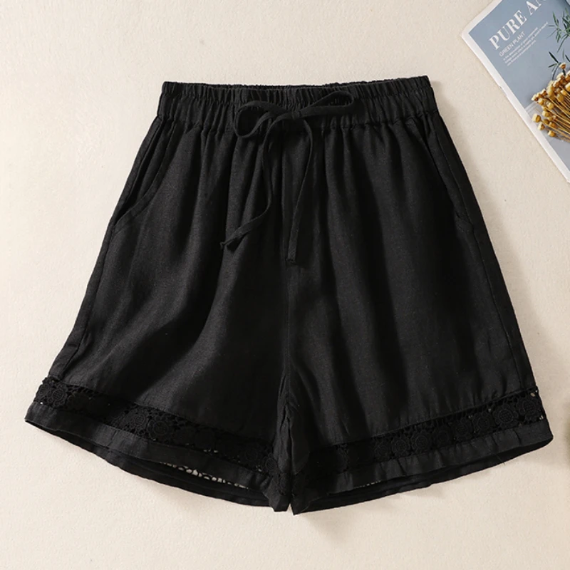thumbnail image 1 of Pantalones cortos TEELYNN holgados con cintura elástica estilo bohemio para playa para mujer, pantalones cortos casuales de lino y algodón con encaje floral para verano 3XL, 1 of 5