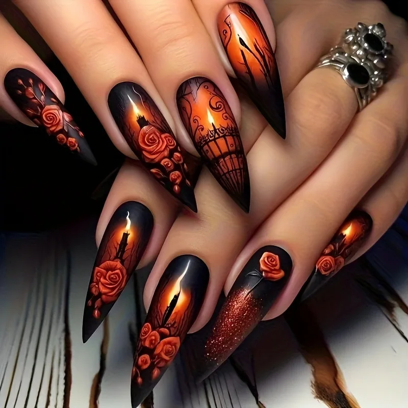 24 uñas postizas largas de almendra con diseño de telaraña de Halloween, uñas postizas negras con degradado de diamantes de imitación y punta adhesiva roja.