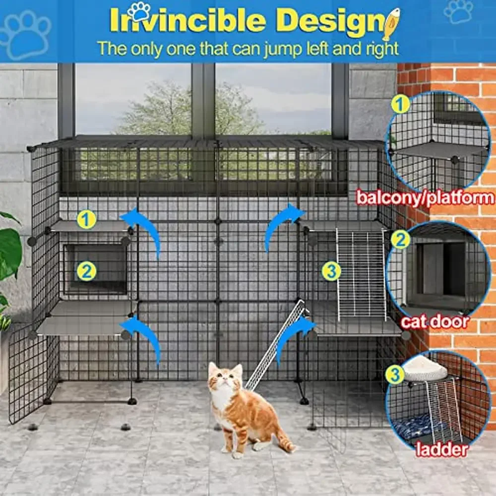 Outdoor Cat House Cages Enclosure with Super Large Enter Door Balcony Playpen Platforms DIY Kennels Robust Metal Frame Structure