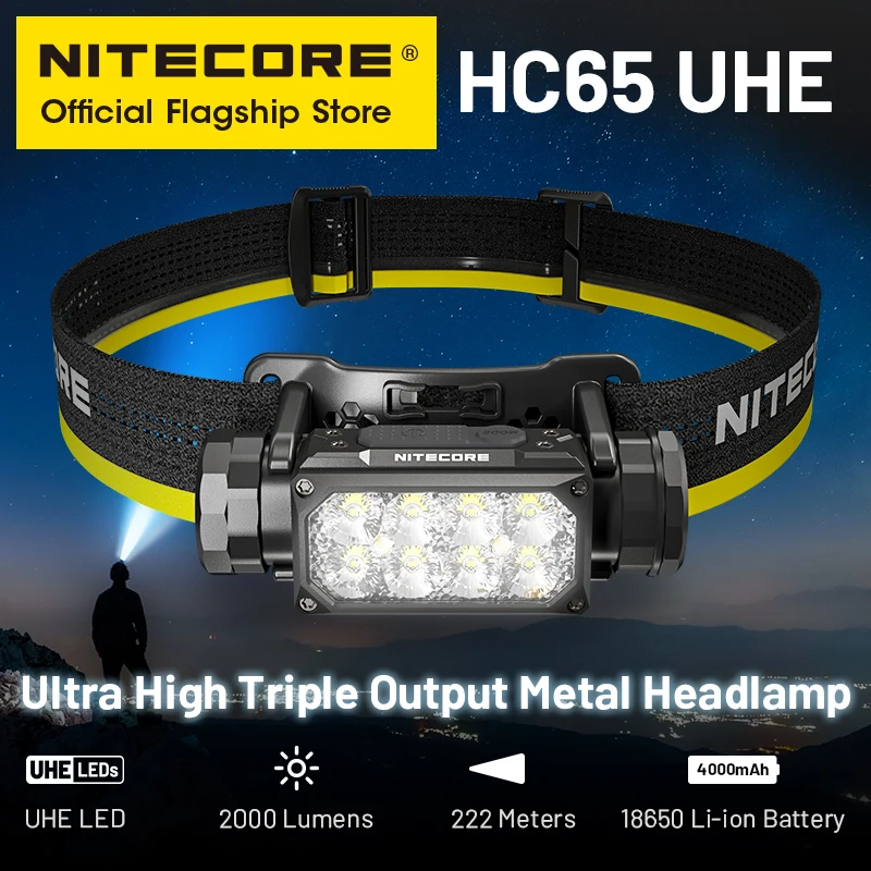 Nitecore HC65 UHE Lampada Frontale Ricaricabile - 2000 Lumen, USB-C, 3 Luci (Bianca, Lettura, Rossa), Impermeabile IP68, Per Campeggio, Caccia E Lavoro