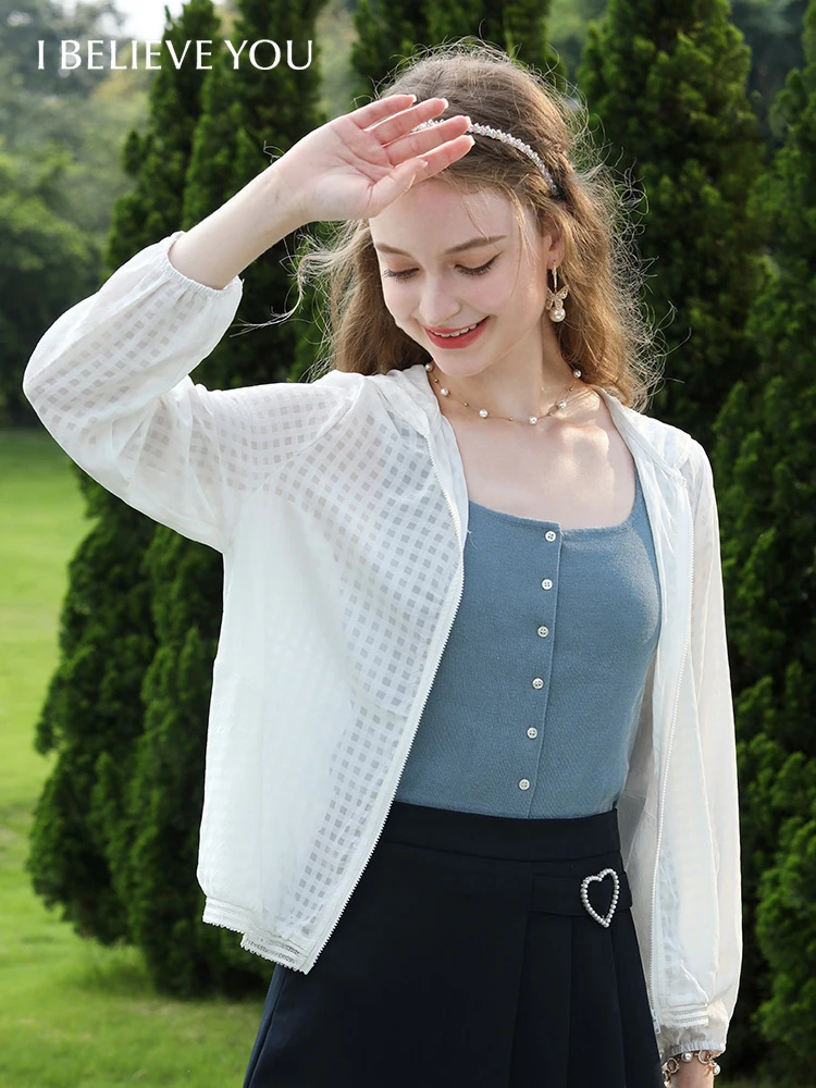 I BELIEVE YOU Jackets for Women 2023 Summer New White Plaid Office Lady Cardigan Puff Casual Hooded Female Clothing 2232185196