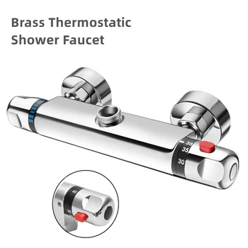 ห้องน้ํา Thermostatic ก๊อกน้ําทองเหลือง Chrome Mixer ค่า Dual Handle อุณหภูมิควบคุมอ่างอาบน้ําก๊อกน้ําติดผนัง 1