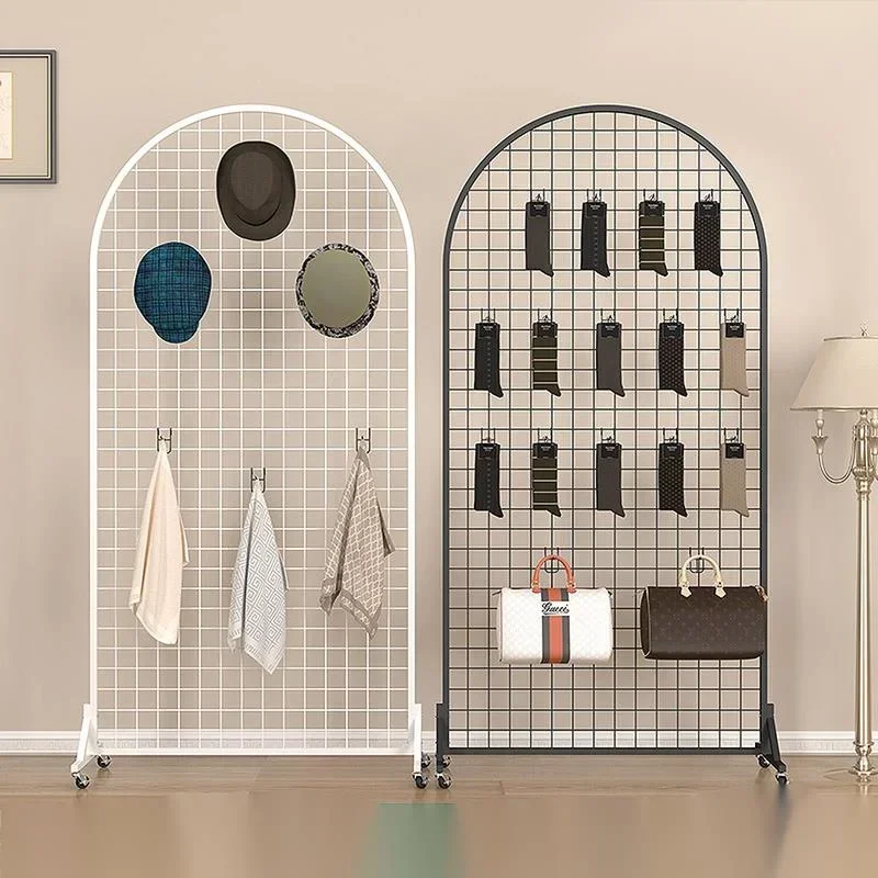 Retro Iron Art Display Rack Hollow Grid Exhibition Stand Mobile Clothes and Accessories Organizer Vintage Style Merchandise 