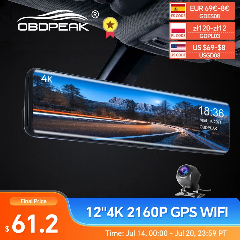 Obdpeak H6 4k Car Video Recorder 12'' Rearview Mirror Car Dvr