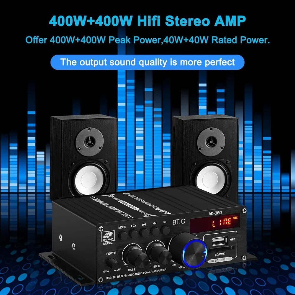 AK-380 블루투스 5.0 가정용 오디오 앰프, HIFI 2.0 채널 앰프, 지지대 USB AUX SD 카드 입력, 가정용 AV 시스템에 적합