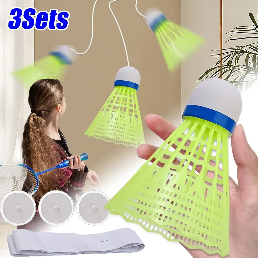 3 Sets Elastic Badminton Trainer Set Glowing Badminton Balls Single Player Rebound Practice Swing Badminton Racquet for Beginner