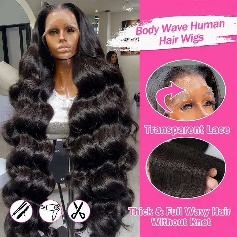 250 Density 40 30 Inch 13x6 Body Wave Human Hair Frontal Wig 13x4 HD Water Wave Lace Front Wig Natural Black 100% Human Hair