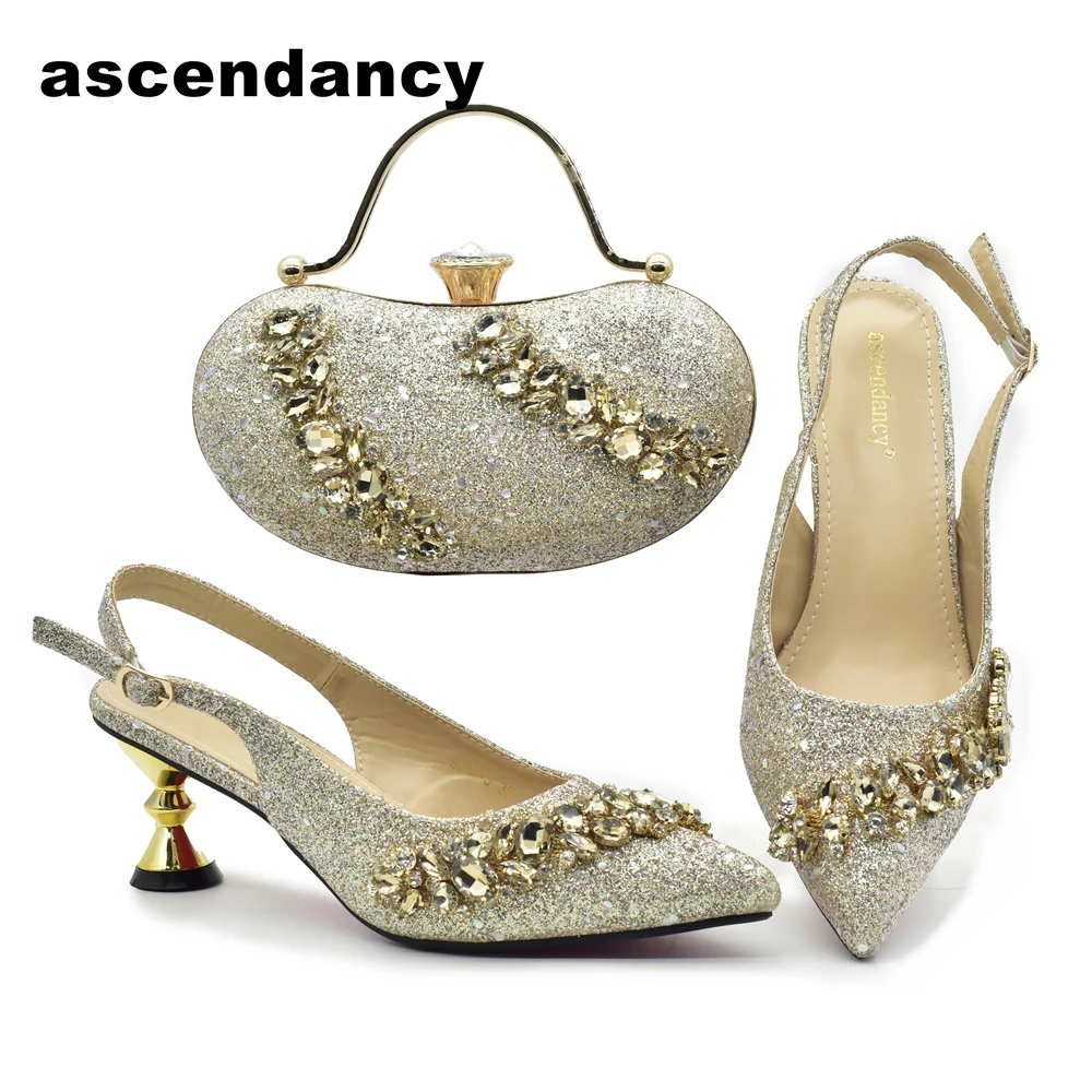 

New Arrival Italian Shoes And Bag To Match Set African Decorated With Rhinestone Woman Shoes And Bag Set For Wedding Dress