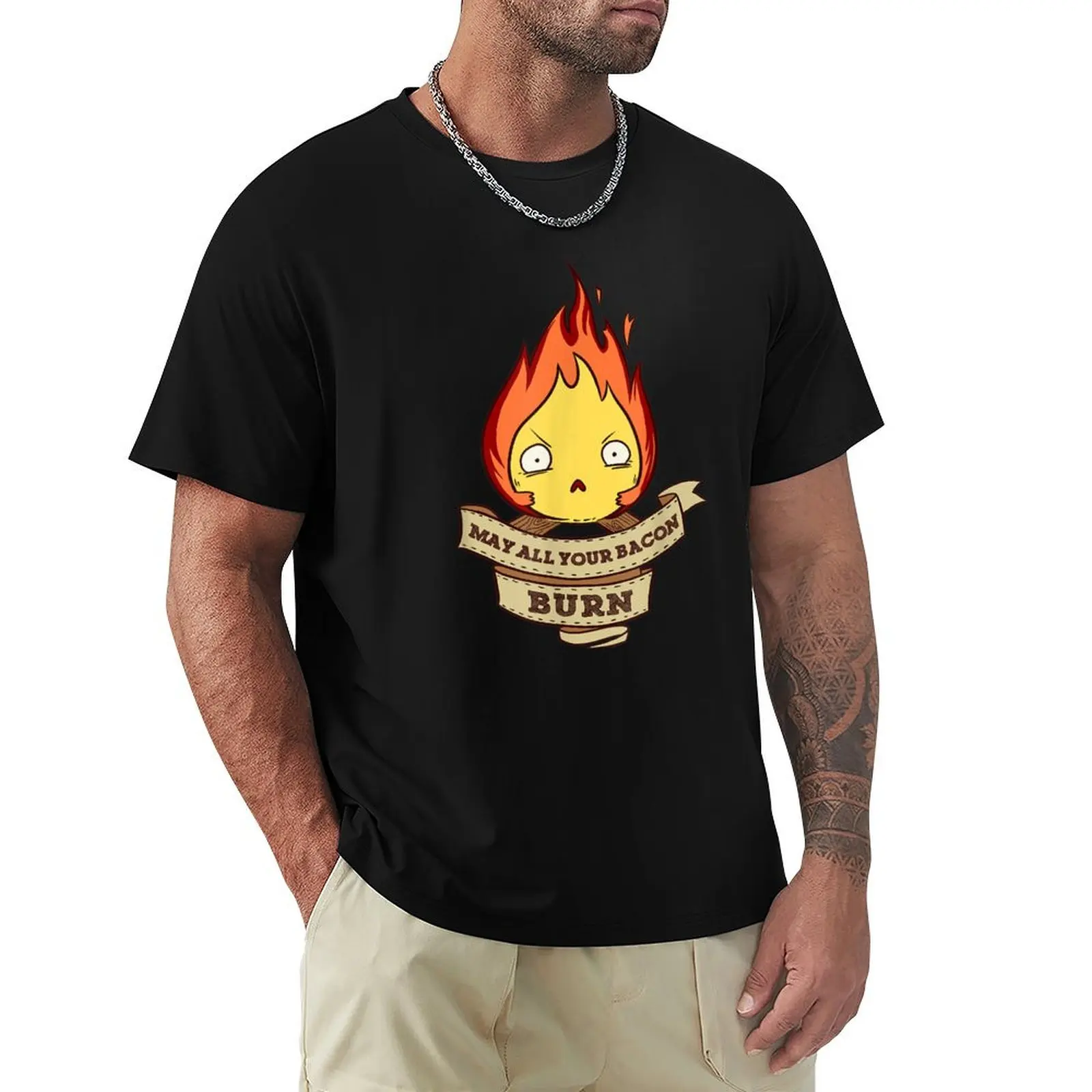 

May All Your Bacon Burn Scary Fire Demon T-Shirt vintage clothes boys animal print summer clothes black t shirts for men