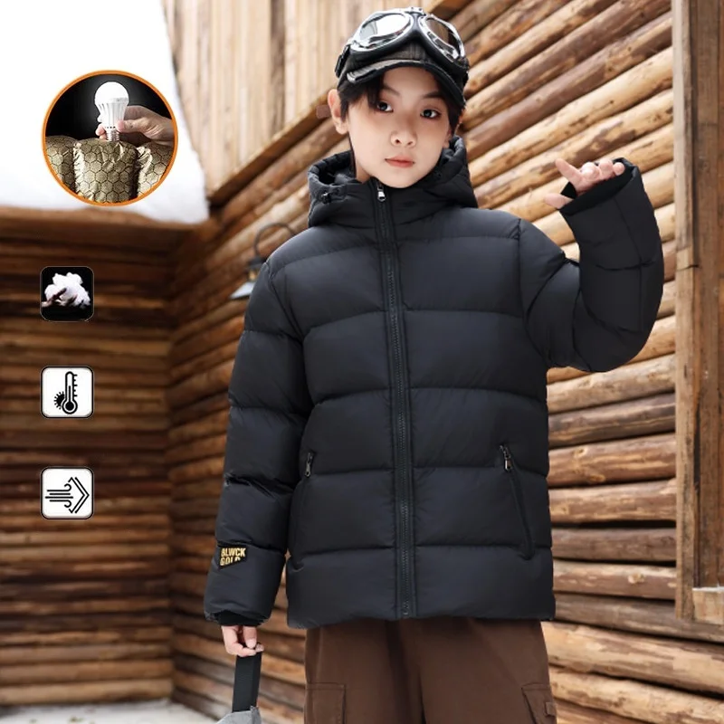 어린이 방풍 패딩 아우터 크리스마스 의류 6-17세 청소년 남아 여아 블랙 레드 겨울 두꺼운 따뜻한 면 다운 코트