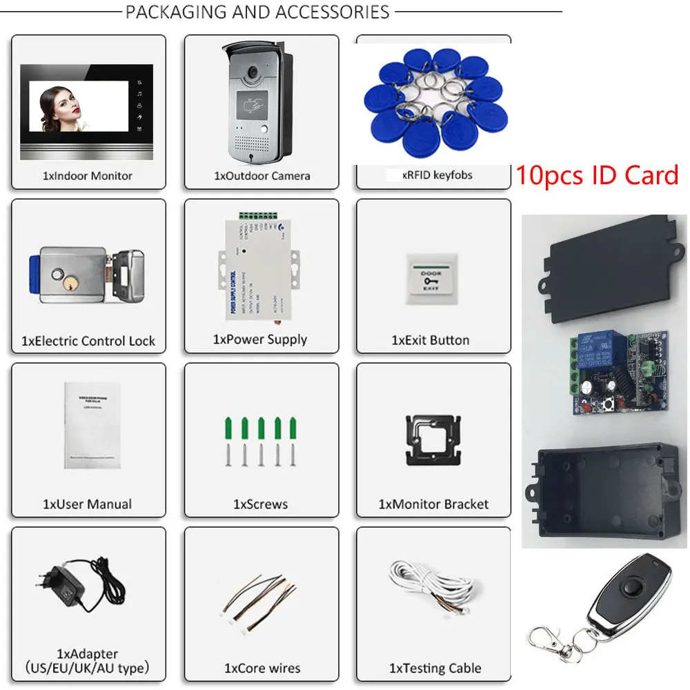 Sistema de portero automático para puerta, videoportero LCD de 7 pulgadas  con cerradura de golpe eléctrica y Control remoto inalámbrico RFID, Control