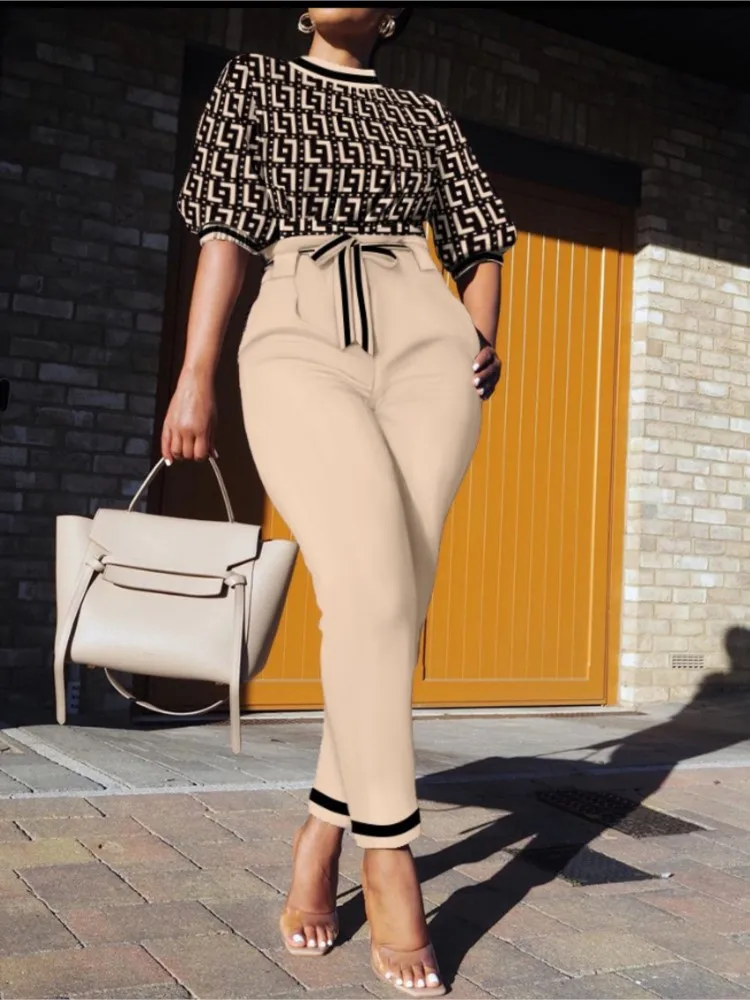 

Elegant Office Lady Set Fashion Houndstooth Print Lantern Sleeve Shirt Top + Lace-Up Pencil Pants 2-Piece Sets Casual Streetwear