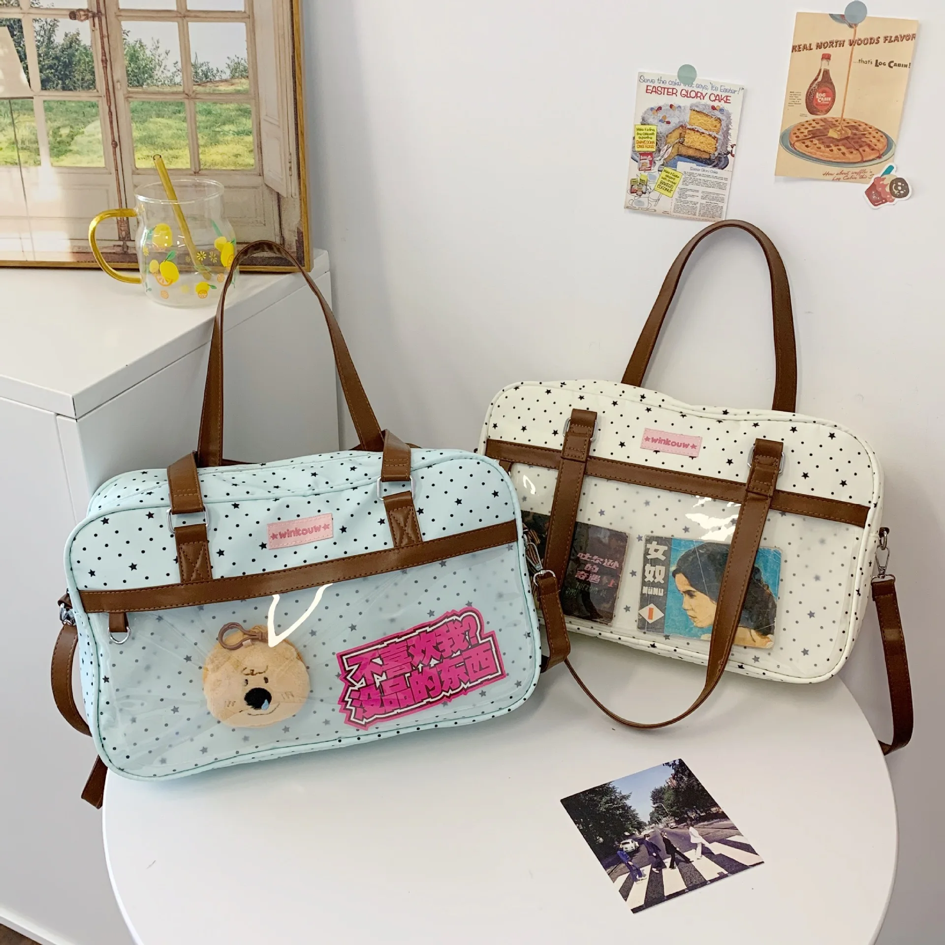 Y2k DIY Badge Display Shoulder Bag New Cute Large Capacity Lace Ita Bag Lolita Girls Transparent Pocket Casual Polka Dot Handbag 4