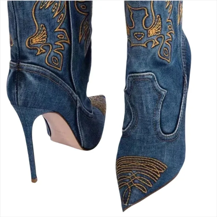 Merendy denim stiletto boot heel & toe – close-up