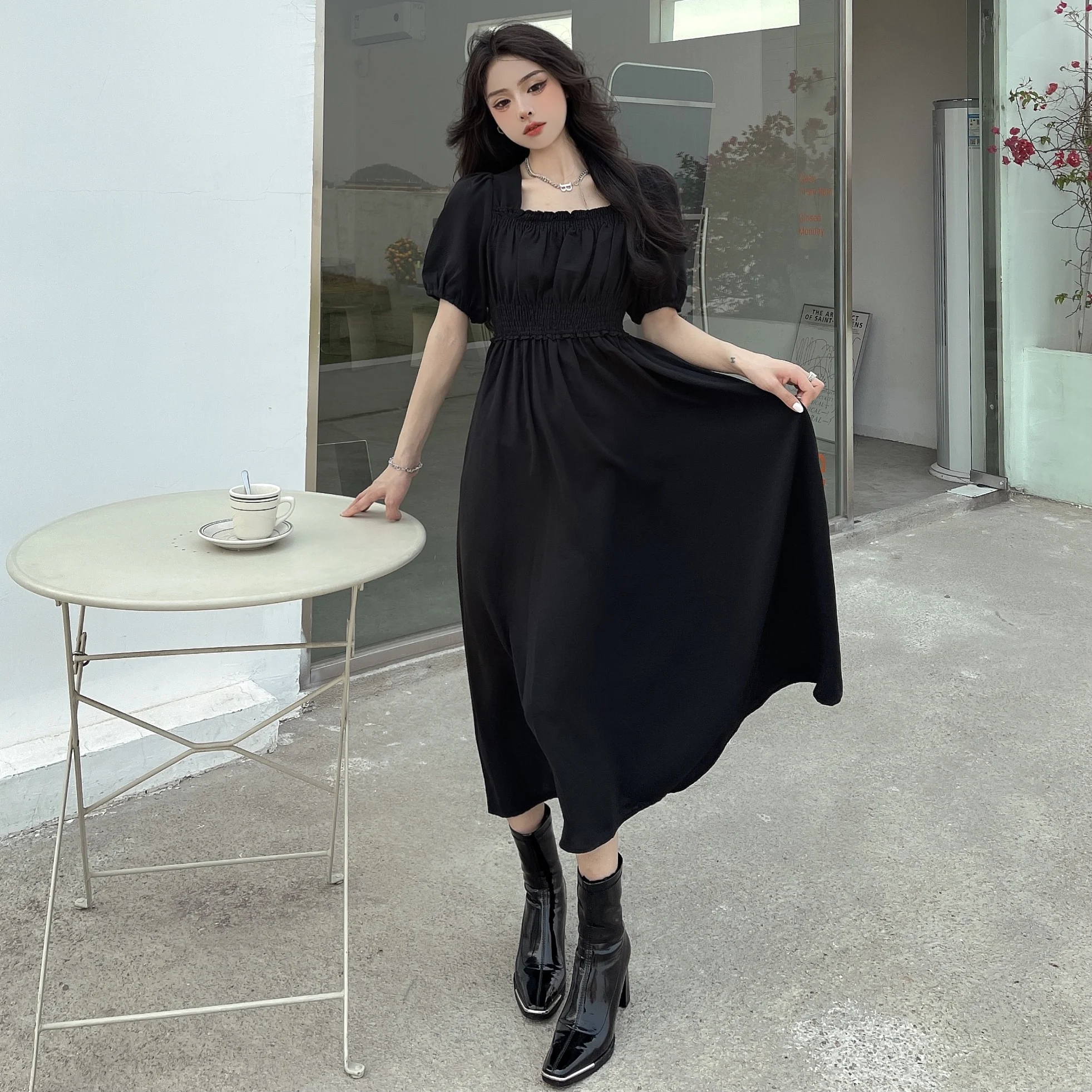 

Women 2024 Summer French Retro Square Collar Long Dress Female Short Sleeve A-line Dresses Ladies Loose Casual Vestidos X164