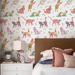 Colorful Cat Kid Room Decor Removable Wallpaper Funny Peel And Stick Wallpapers Floral Self-adhesive Wallpaper For Furniture