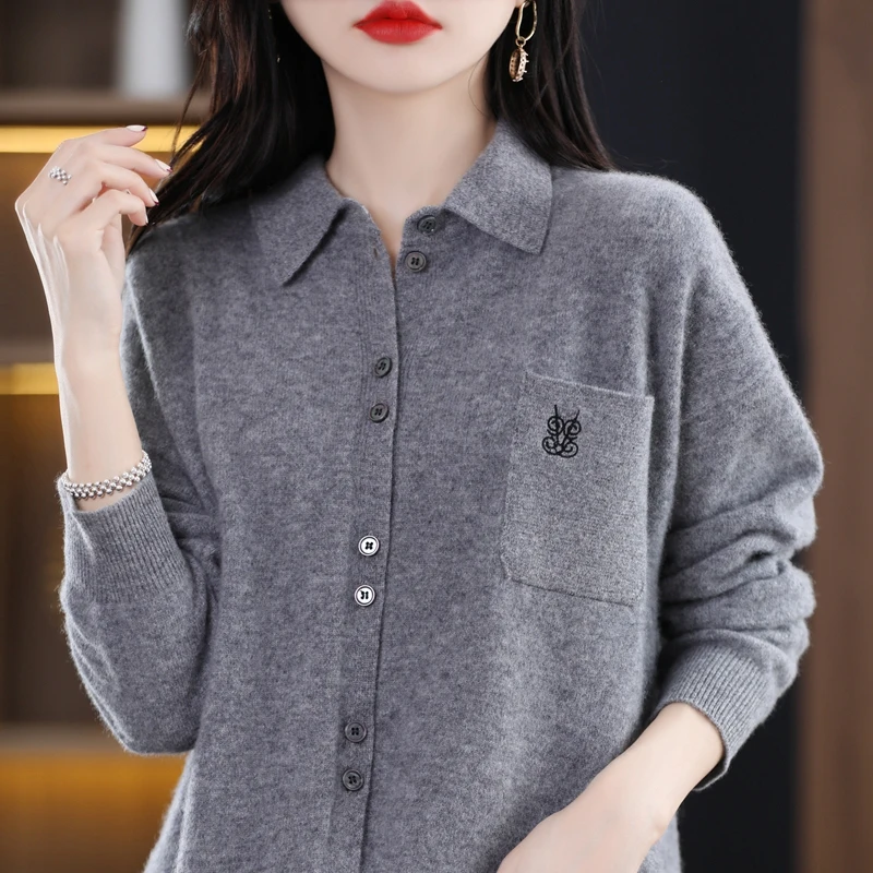 

New POLO neck cashmere cardigan in autumn and winter women's loose cashmere embroidered cardigan coat plus size
