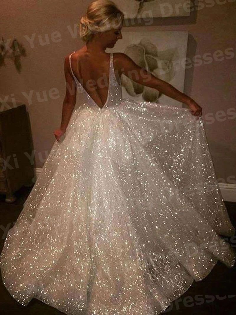 2025 Shiny A Line Women's Wedding Dresses Charming Spaghetti Straps Bride Gowns Backless Sleeveless Customized Vestido De Novia 3