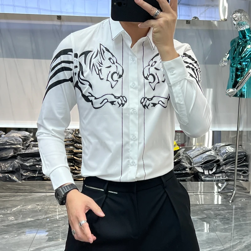 

2022 Spring Tiger Rhinestone Shirts for Men Slim Fit Casual Business Formal Dress Shirts Social Party Streetwear Chemise Homme