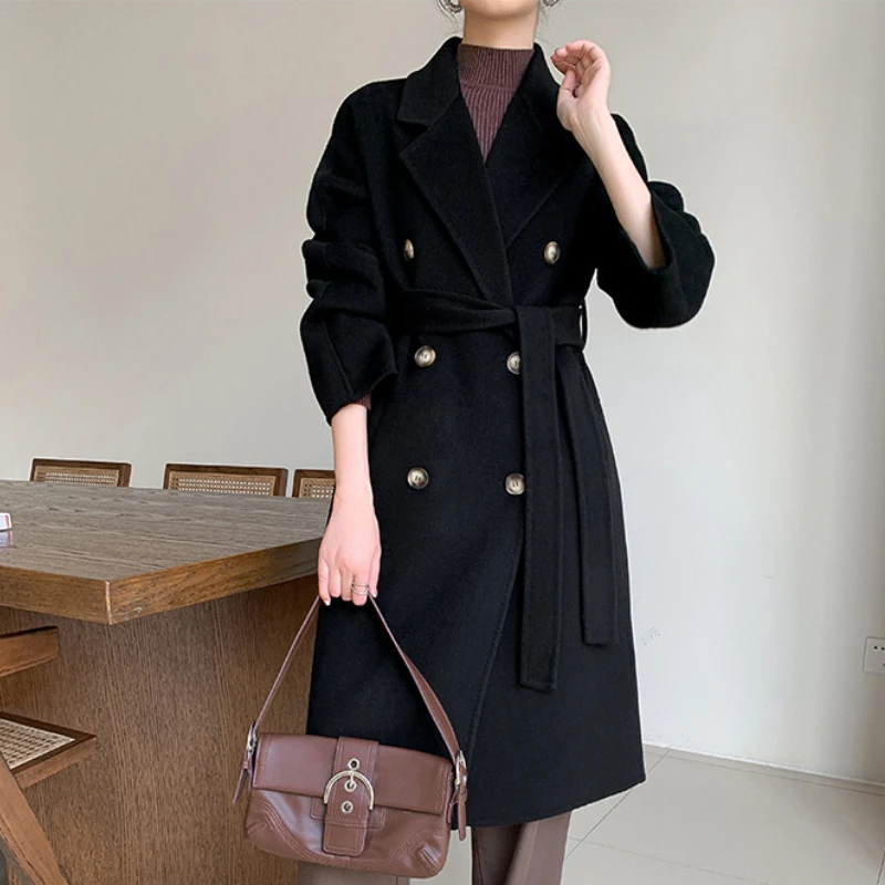 New Black Casual Dounle-sided 100% Wool Coat Women Fashion Loose Lapel Long Sleeve Double Breasted Woolen Jacket Autumn Winter energetic upgrade black pei pro magnetic bed double sided textured sheet 235x235mm for creality k1 ender 3 s1 pro 3d printer