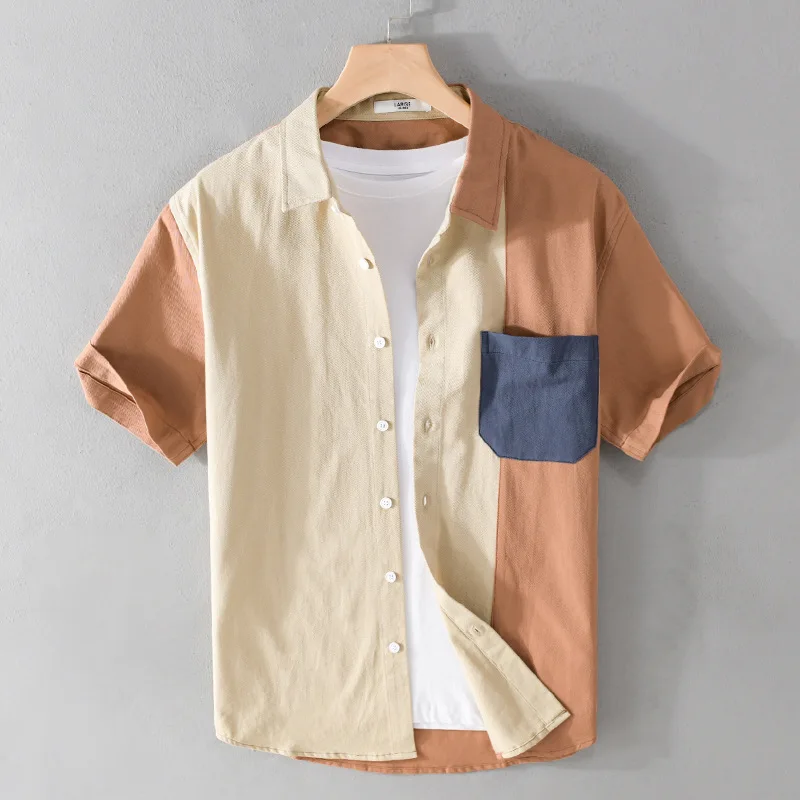

Summer New Chic Men's Cotton 100% Pocket Shirts For Men Hawaii Short Sleeve Turn-down Collar Patchwork Casual Thin Clothes Tops