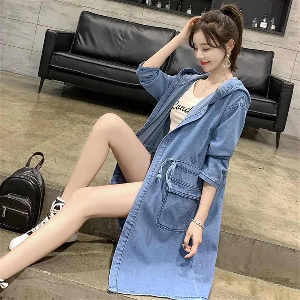 Spring and fall fashion casual loose women 2024 cowboy hooded trench coat mid-length denim jacket