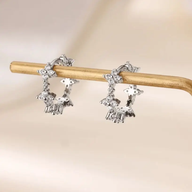 Shiny Zircon Four Leaf Clover Earrings Gold Metal Hoop Earrings