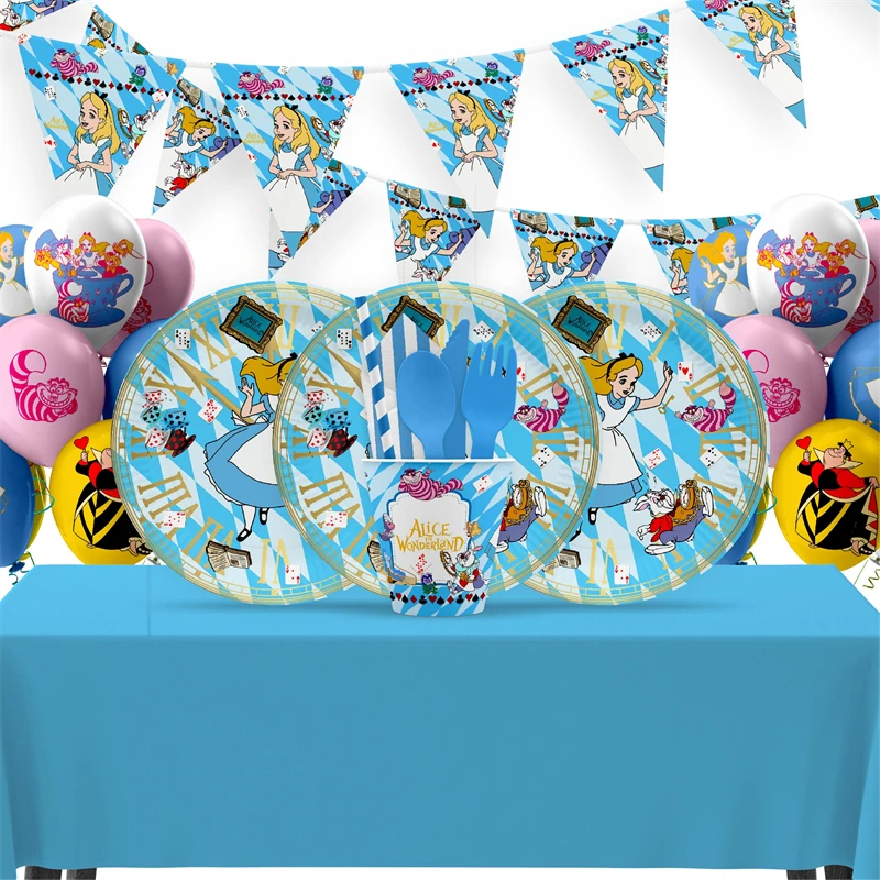 Disney Alice Wonderland Birthday Theme Decorations Princess Backdrop  Disposable Tableware Baby Shower Kids Party Supplies Gift