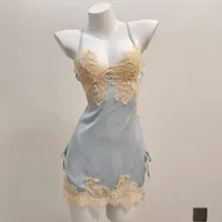 2025 New Thin Lace Suspender Underwear Sexy Sleepwear Temptation Pajamas Small Chest Water-soluble Flower Ice Silk Nightdress