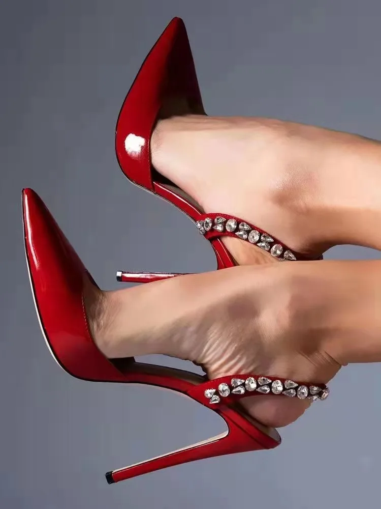 2025 Bling Crystal Ankle Strap Pumps for Women Sexy Pointed Toe Thin Heel Party Shoes Ladies Black White Pu Leather High Heels 2