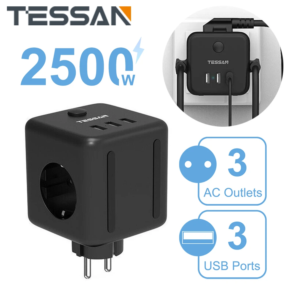 

TESSAN EU KR Plug Cube Socket Adapter with 3 Outlets &3 USB Ports, Mutliple Wall Socket with Overload Protection for Home Office