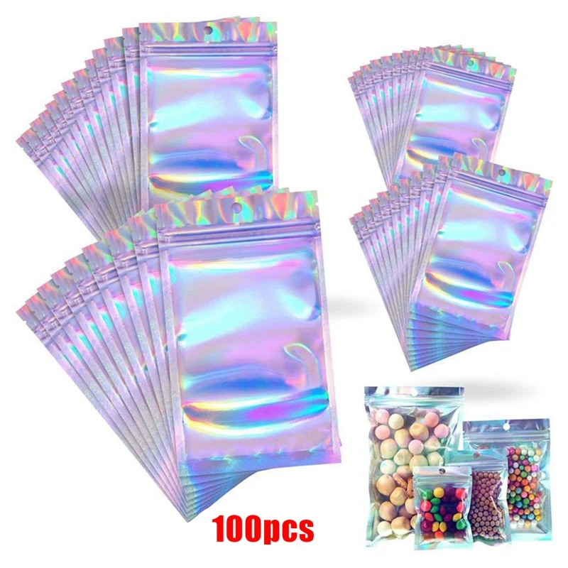 

100PCS Holographic Bags Resealable Sealed Bags For Party Favor Food Storage (Holographic Color,2 X 3 Inch And 4 X 6Inch)